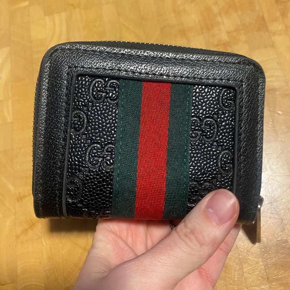 Black Leather Wallet with Red and Green Stripe - Picture 2 of 3